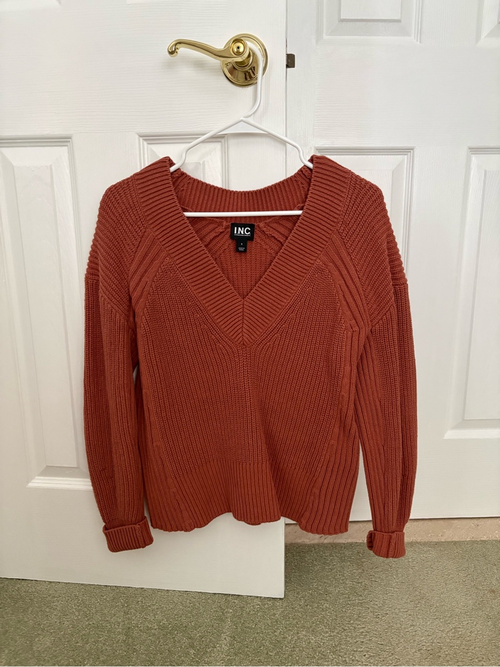 INC International Concepts Terracotta V-Neck Ribbed Sweater
